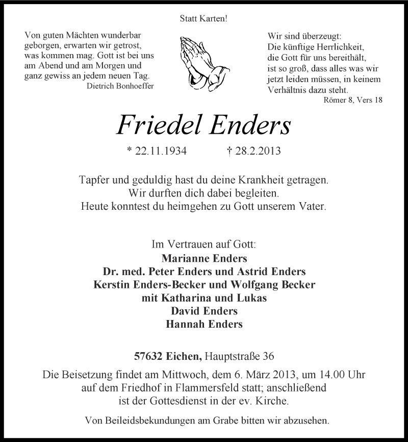  Traueranzeige für Friedel Enders vom 02.03.2013 aus Rhein-Zeitung