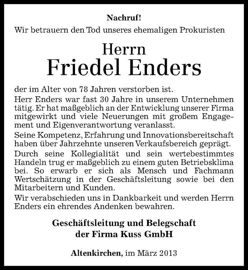  Traueranzeige für Friedel Enders vom 04.03.2013 aus Rhein-Zeitung