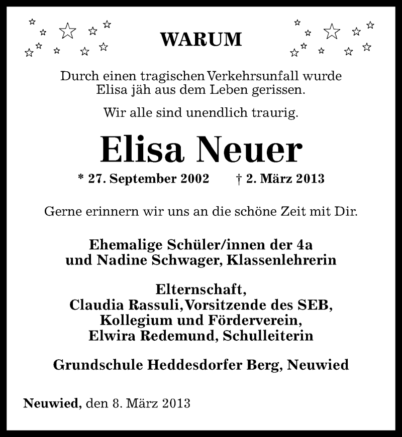  Traueranzeige für Elisa Neuer vom 08.03.2013 aus Rhein-Zeitung