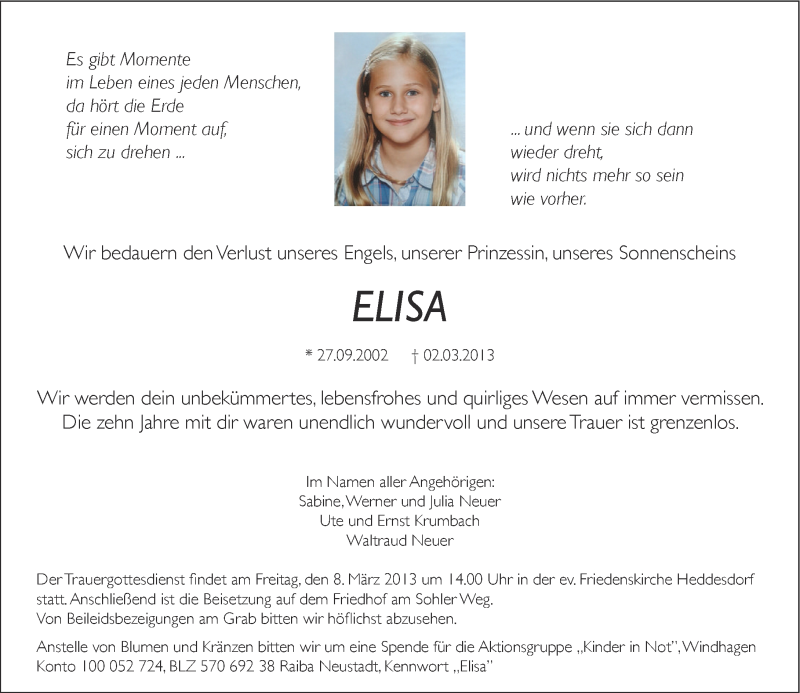  Traueranzeige für Elisa Neuer vom 06.03.2013 aus Rhein-Zeitung