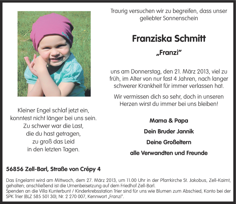  Traueranzeige für Franziska Schmitt vom 23.03.2013 aus Rhein-Zeitung