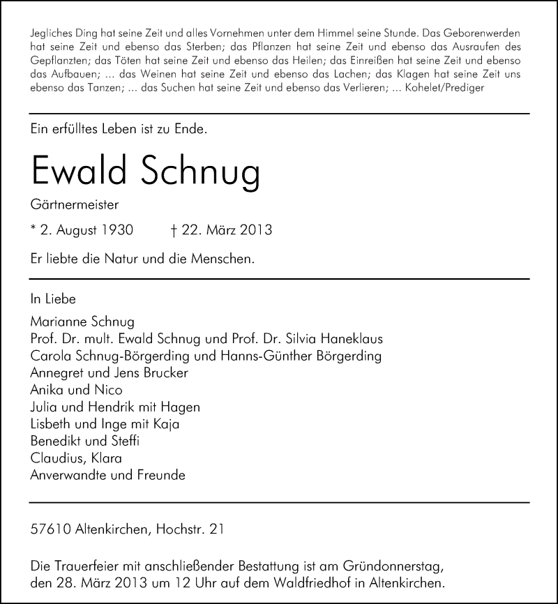  Traueranzeige für Ewald Schnug vom 25.03.2013 aus Rhein-Zeitung