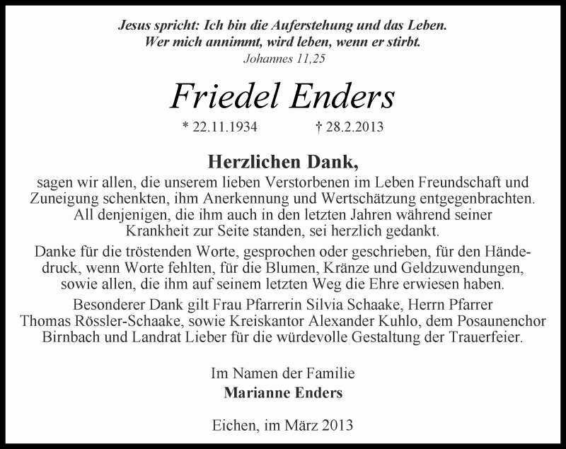  Traueranzeige für Friedel Enders vom 30.03.2013 aus Rhein-Zeitung