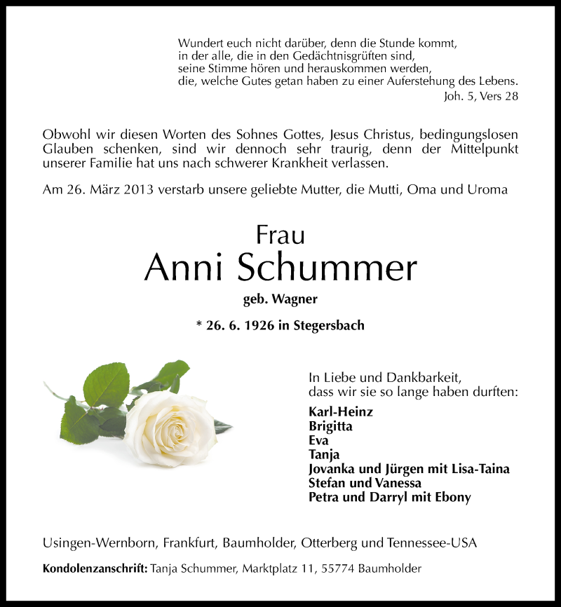  Traueranzeige für Anni Schummer vom 02.04.2013 aus Nahe-Zeitung