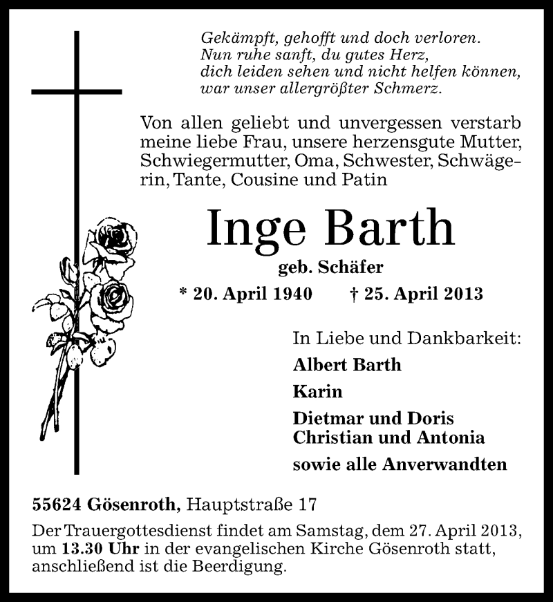  Traueranzeige für Inge Barth vom 26.04.2013 aus Rhein-Hunsrück-Zeitung