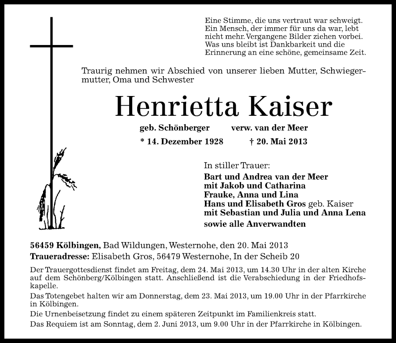  Traueranzeige für Henrietta Kaiser vom 22.05.2013 aus Westerwälder Zeitung