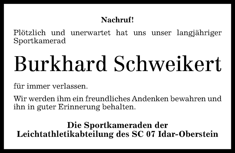  Traueranzeige für Burkhard Schweikert vom 22.05.2013 aus Nahe-Zeitung