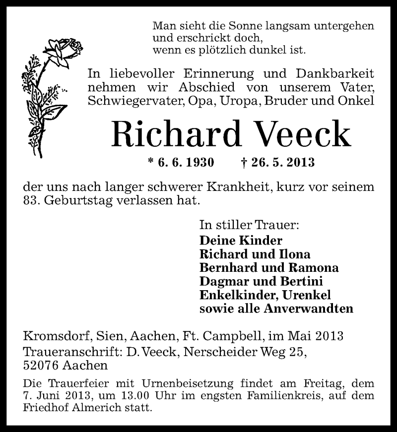  Traueranzeige für Richard Veeck vom 01.06.2013 aus Nahe-Zeitung