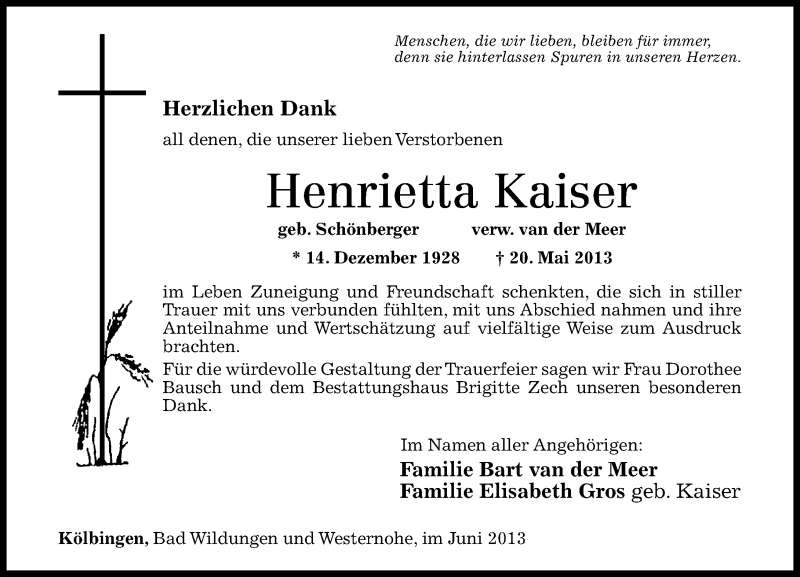 Traueranzeige für Henrietta Kaiser vom 08.06.2013 aus Westerwälder Zeitung