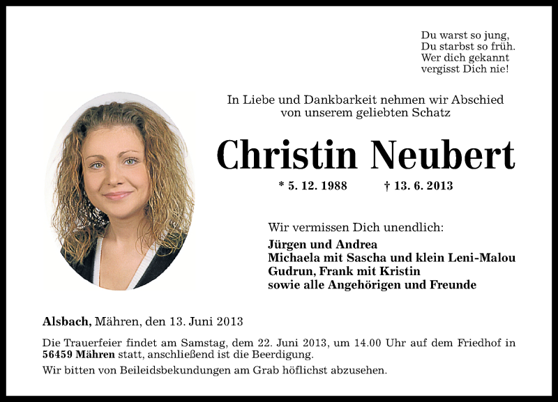  Traueranzeige für Christin Neubert vom 19.06.2013 aus Westerwälder Zeitung