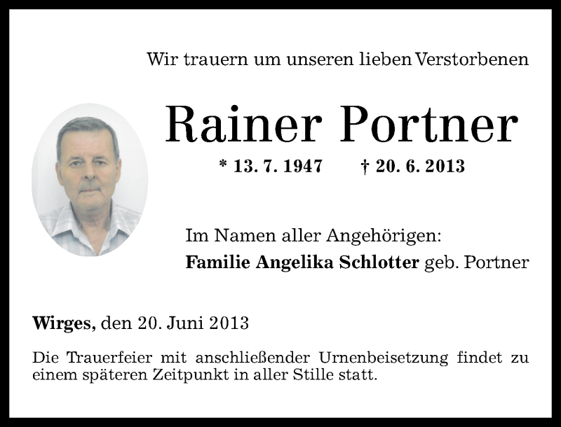  Traueranzeige für Rainer Portner vom 22.06.2013 aus Westerwälder Zeitung
