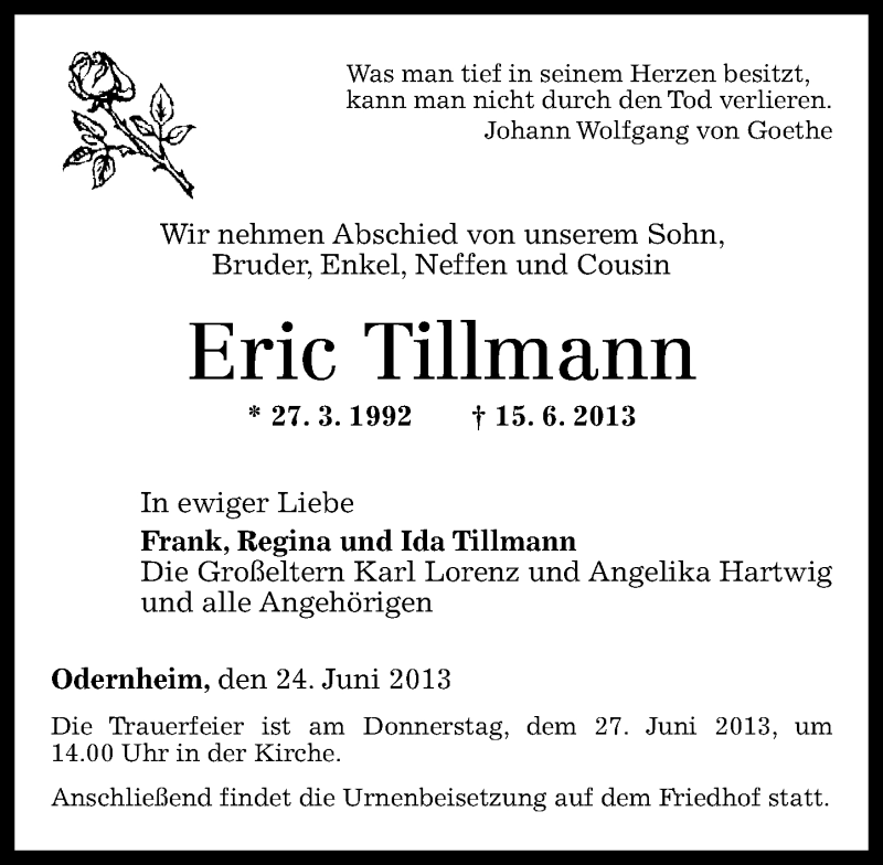  Traueranzeige für Eric Tillmann vom 24.06.2013 aus Oeffentlicher Anzeiger