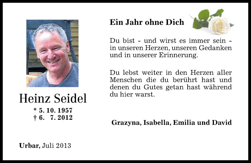  Traueranzeige für Heinz Seidel vom 06.07.2013 aus Rhein-Zeitung