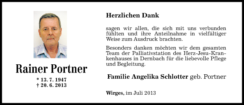  Traueranzeige für Rainer Portner vom 13.07.2013 aus Westerwälder Zeitung