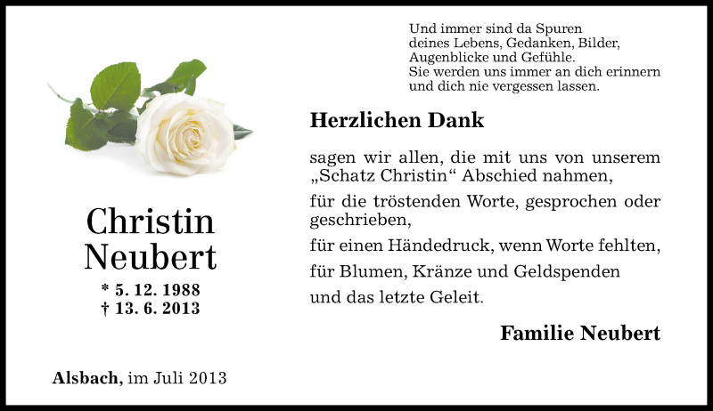  Traueranzeige für Christin Neubert vom 13.07.2013 aus Westerwälder Zeitung
