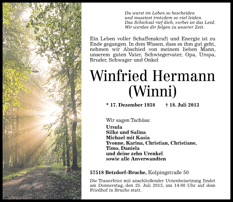  Traueranzeige für Winfried Hermann vom 23.07.2013 aus Rhein-Zeitung