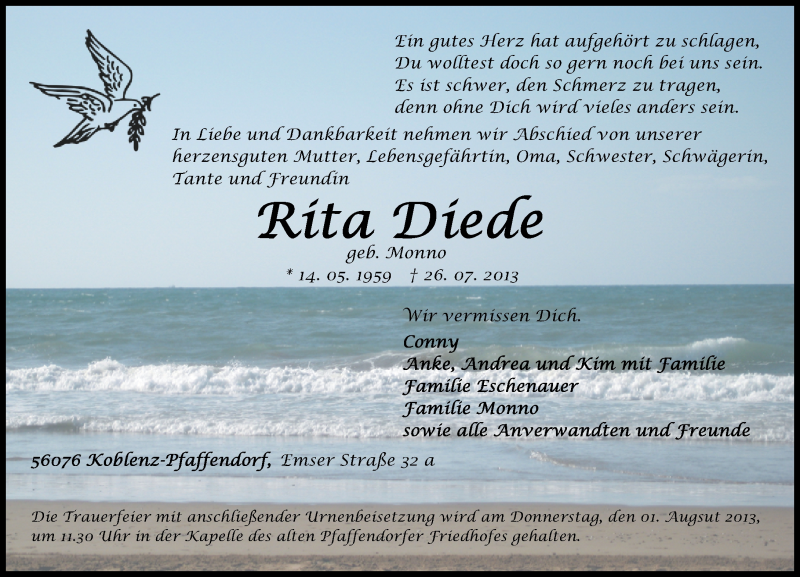  Traueranzeige für Rita Diede vom 29.07.2013 aus Rhein-Zeitung
