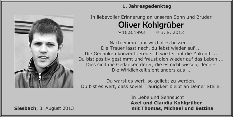  Traueranzeige für Oliver Kohlgrüber vom 03.08.2013 aus Nahe-Zeitung