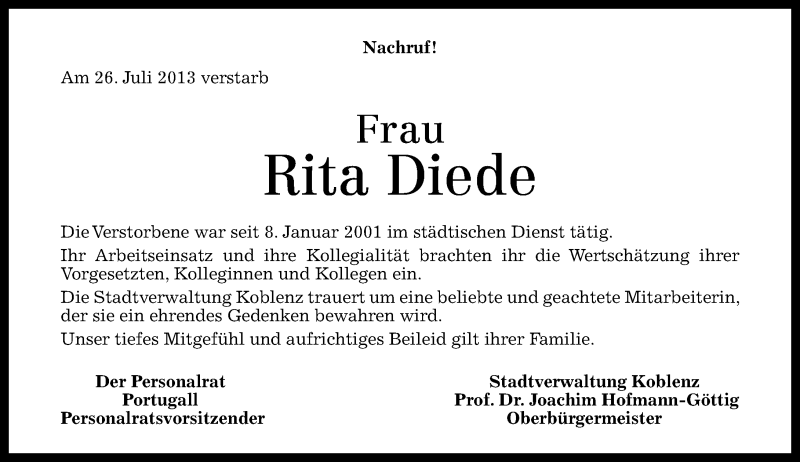  Traueranzeige für Rita Diede vom 02.08.2013 aus Rhein-Zeitung