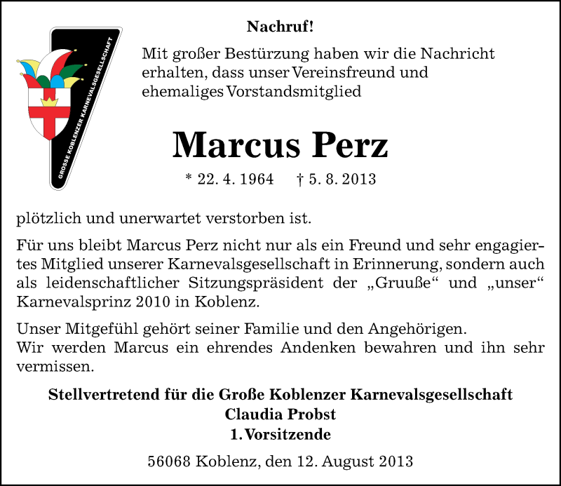  Traueranzeige für Marcus Perz vom 13.08.2013 aus Rhein-Zeitung