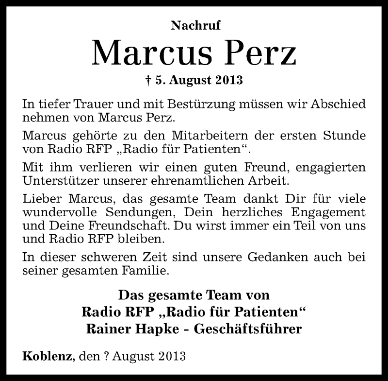  Traueranzeige für Marcus Perz vom 13.08.2013 aus Rhein-Zeitung