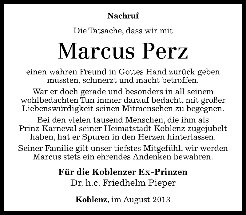  Traueranzeige für Marcus Perz vom 17.08.2013 aus Rhein-Zeitung