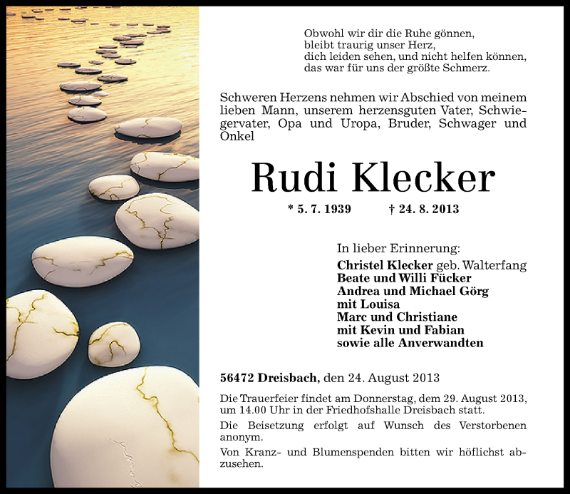  Traueranzeige für Rudi Klecker vom 27.08.2013 aus Westerwälder Zeitung
