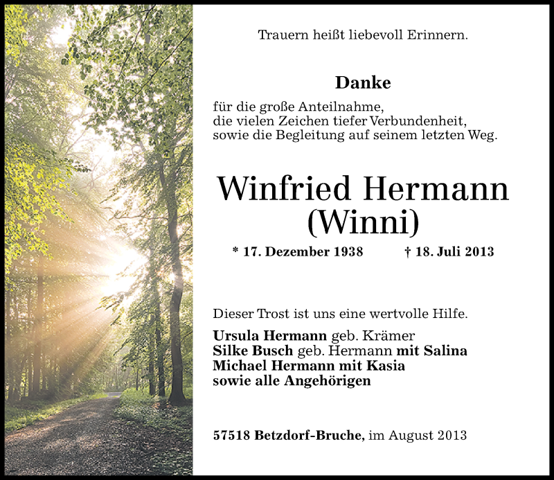  Traueranzeige für Winfried Hermann vom 31.08.2013 aus Rhein-Zeitung