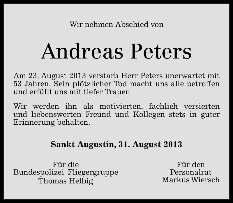  Traueranzeige für Andreas Peters vom 31.08.2013 aus Rhein-Zeitung