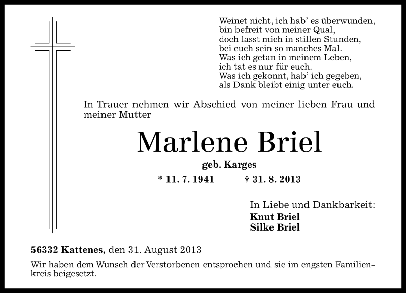  Traueranzeige für Marlene Briel vom 07.09.2013 aus Rhein-Zeitung