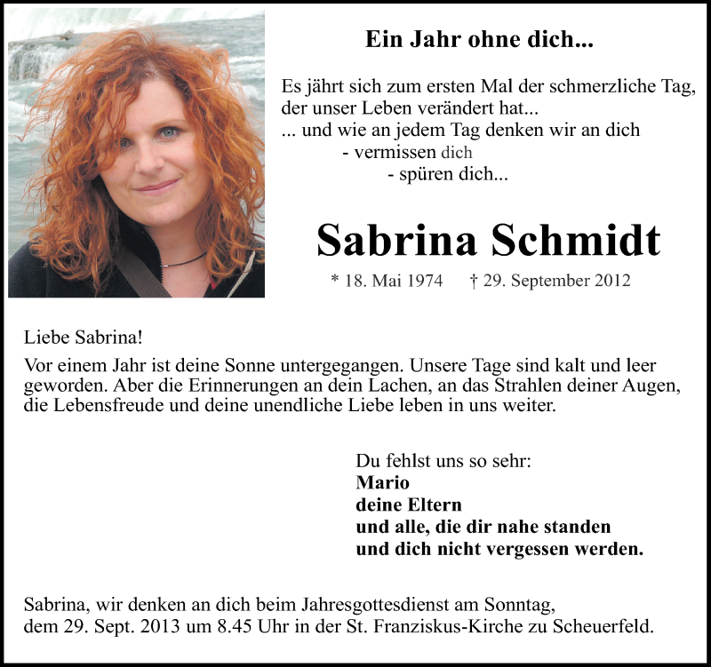  Traueranzeige für Sabrina Schmidt vom 21.09.2013 aus Rhein-Zeitung