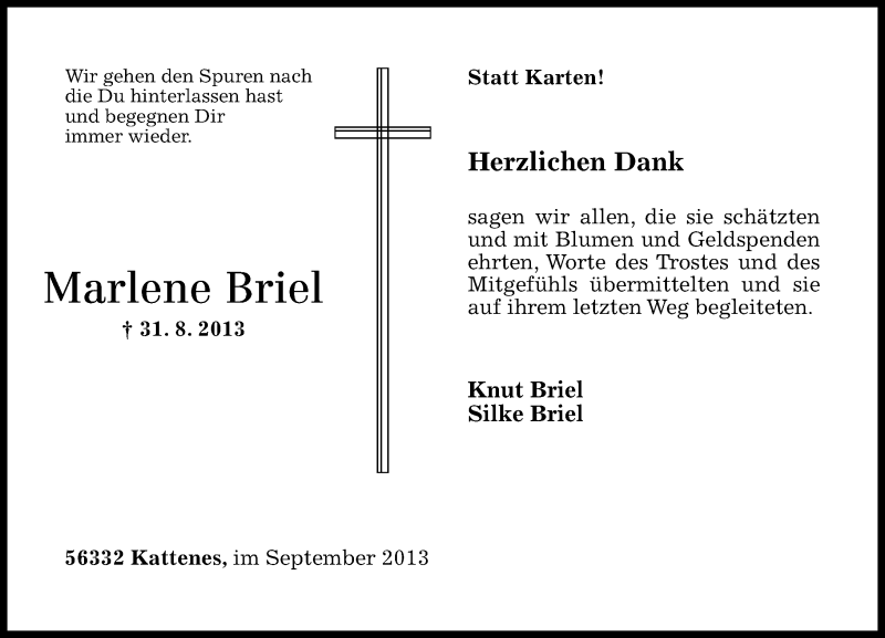  Traueranzeige für Marlene Briel vom 28.09.2013 aus Rhein-Zeitung