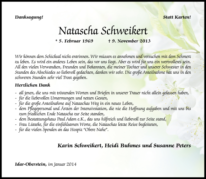  Traueranzeige für Natascha Schweikert vom 04.01.2014 aus Nahe-Zeitung