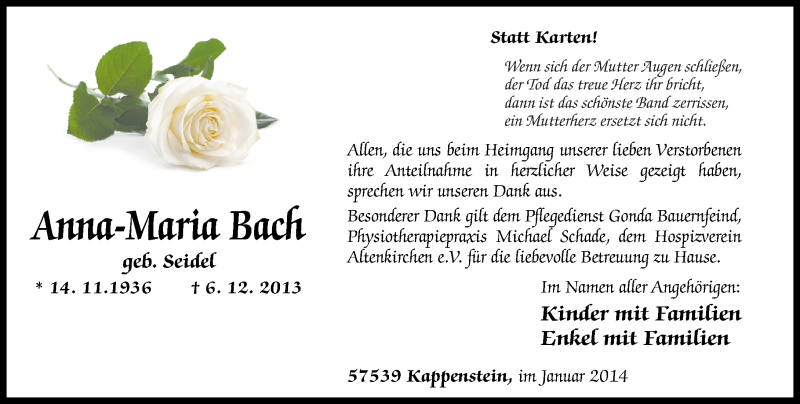  Traueranzeige für Anna-Maria Bach vom 18.01.2014 aus Rhein-Zeitung