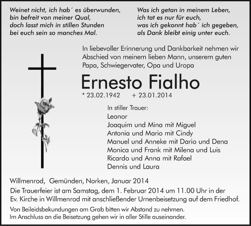  Traueranzeige für Ernesto Fialho vom 29.01.2014 aus Westerwälder Zeitung