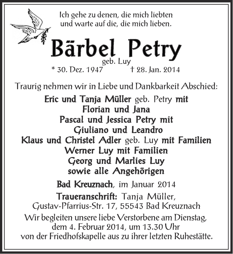  Traueranzeige für Bärbel Petry vom 30.01.2014 aus Oeffentlicher Anzeiger