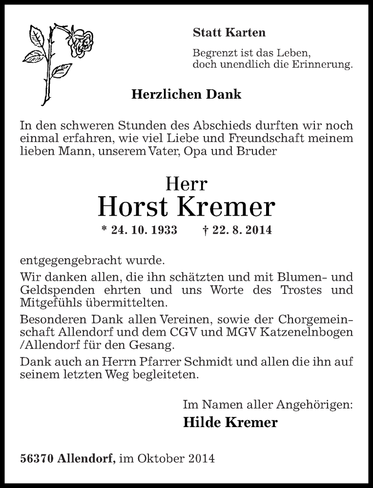  Traueranzeige für Horst Kremer vom 04.10.2014 aus Rhein-Lahn-Zeitung