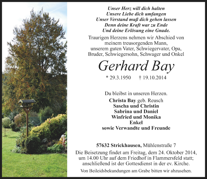  Traueranzeige für Gerhard Bay vom 22.10.2014 aus Rhein-Zeitung