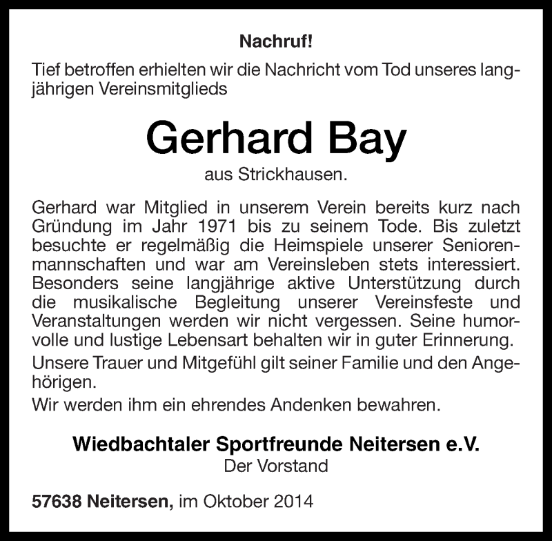  Traueranzeige für Gerhard Bay vom 24.10.2014 aus Rhein-Zeitung