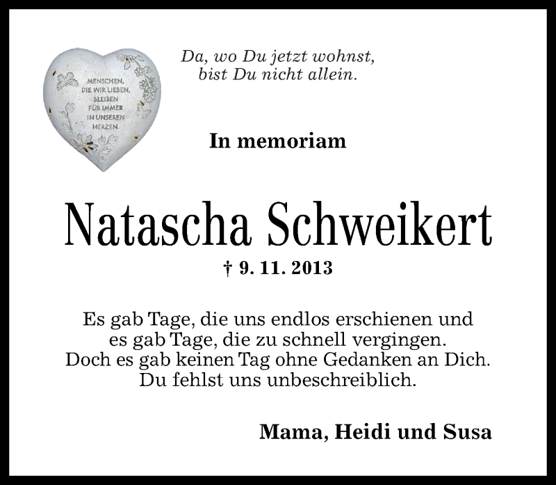 Traueranzeige für Natascha Schweikert vom 08.11.2014 aus Nahe-Zeitung