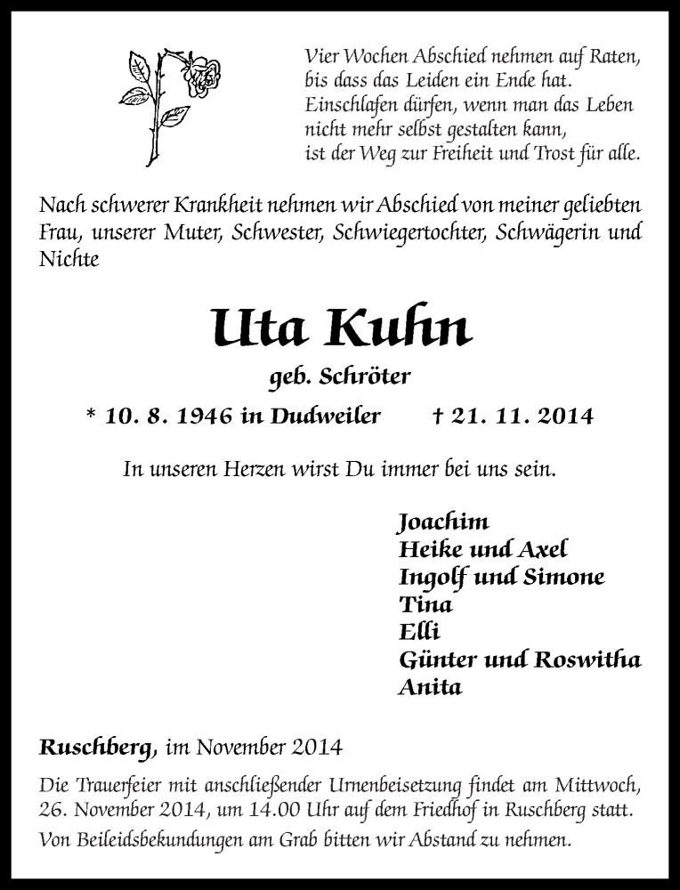  Traueranzeige für Uta Kuhn vom 24.11.2014 aus Nahe-Zeitung