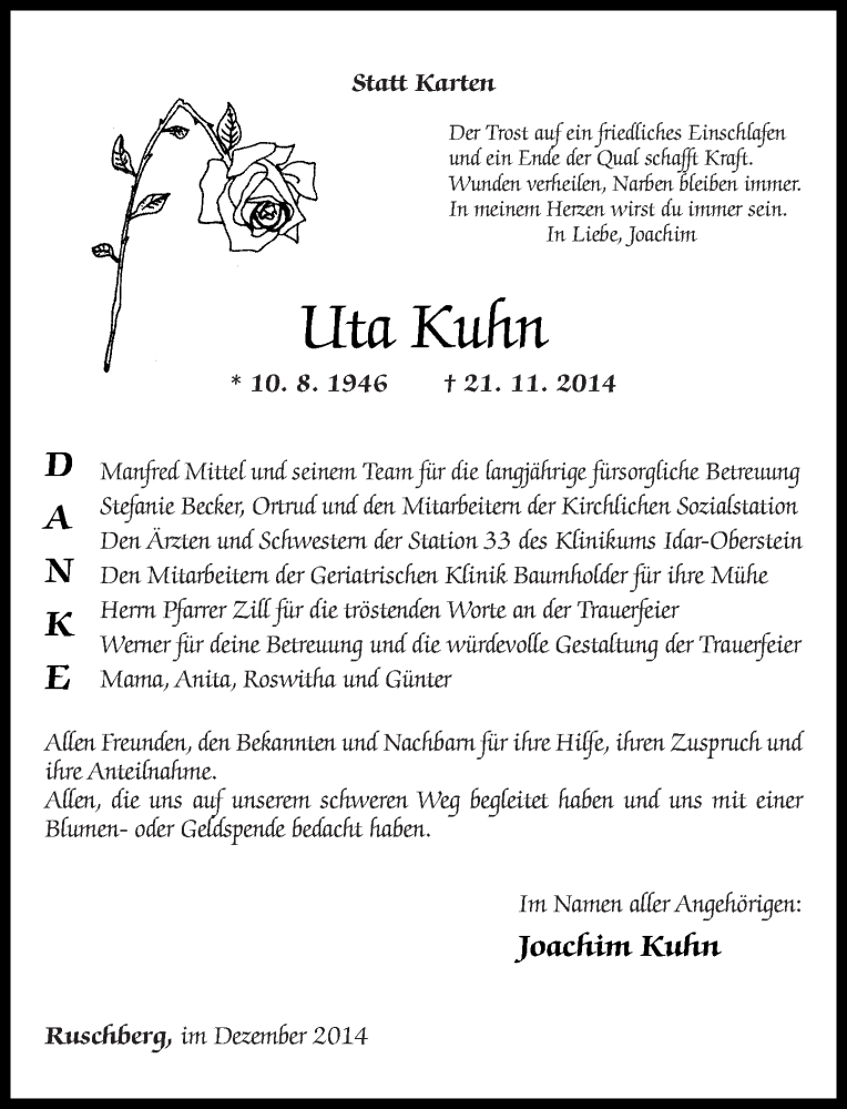  Traueranzeige für Uta Kuhn vom 06.12.2014 aus Nahe-Zeitung