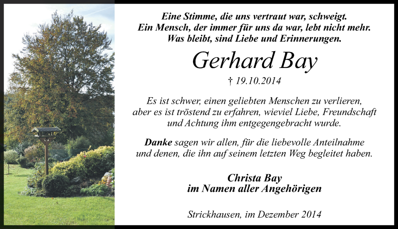  Traueranzeige für Gerhard Bay vom 04.12.2014 aus Rhein-Zeitung