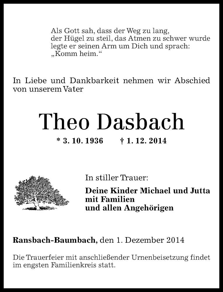  Traueranzeige für Theo Dasbach vom 04.12.2014 aus Westerwälder Zeitung