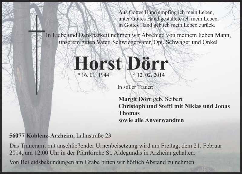  Traueranzeige für Horst Dörr vom 15.02.2014 aus Rhein-Zeitung