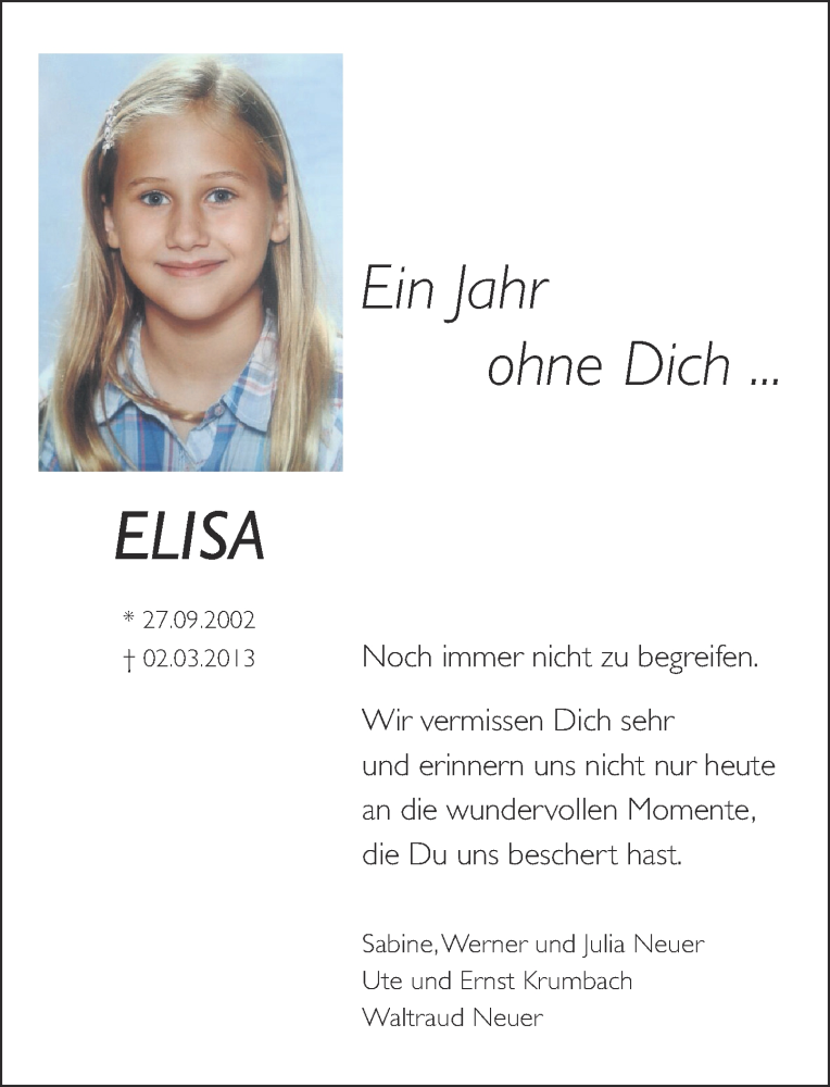  Traueranzeige für Elisa Neuer vom 01.03.2014 aus Rhein-Zeitung