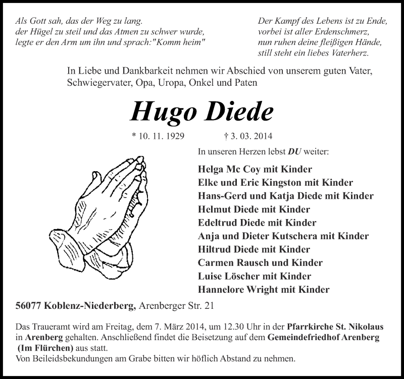  Traueranzeige für Hugo Diede vom 05.03.2014 aus Rhein-Zeitung