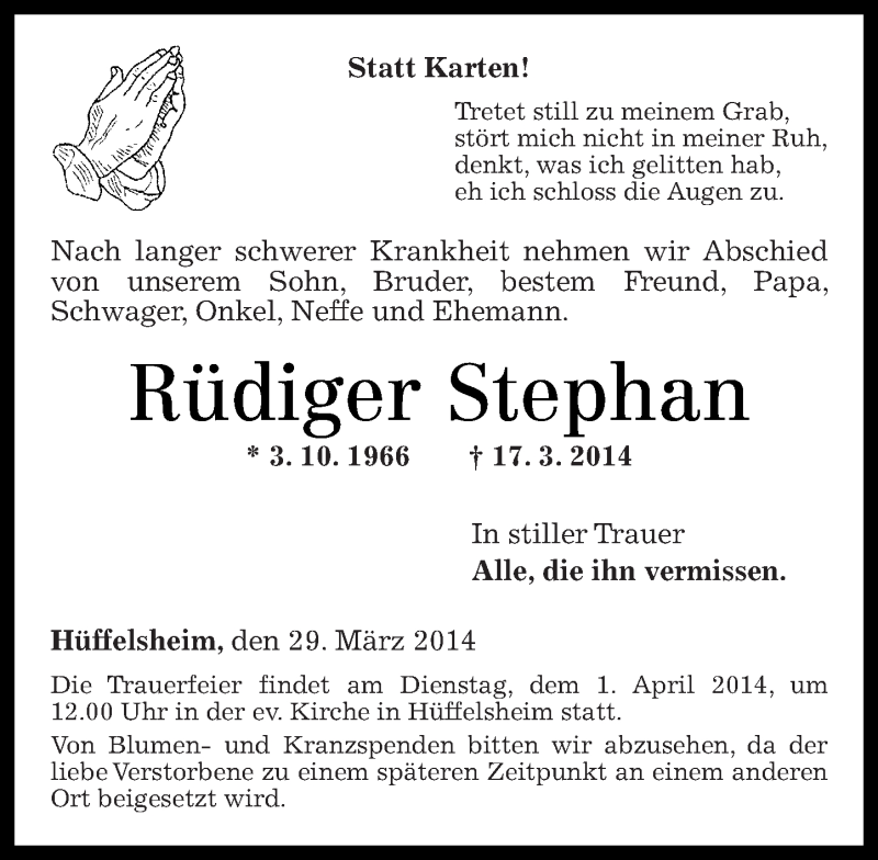  Traueranzeige für Rüdiger Stephan vom 29.03.2014 aus Oeffentlicher Anzeiger