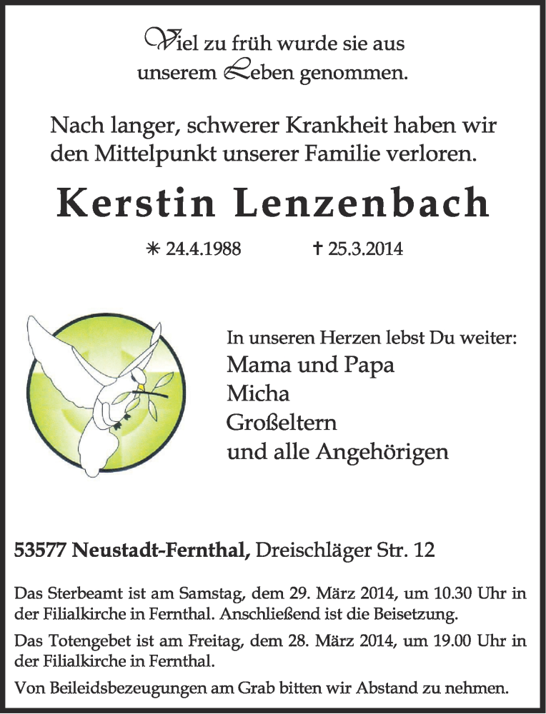  Traueranzeige für Kerstin Lenzenbach vom 27.03.2014 aus Rhein-Zeitung