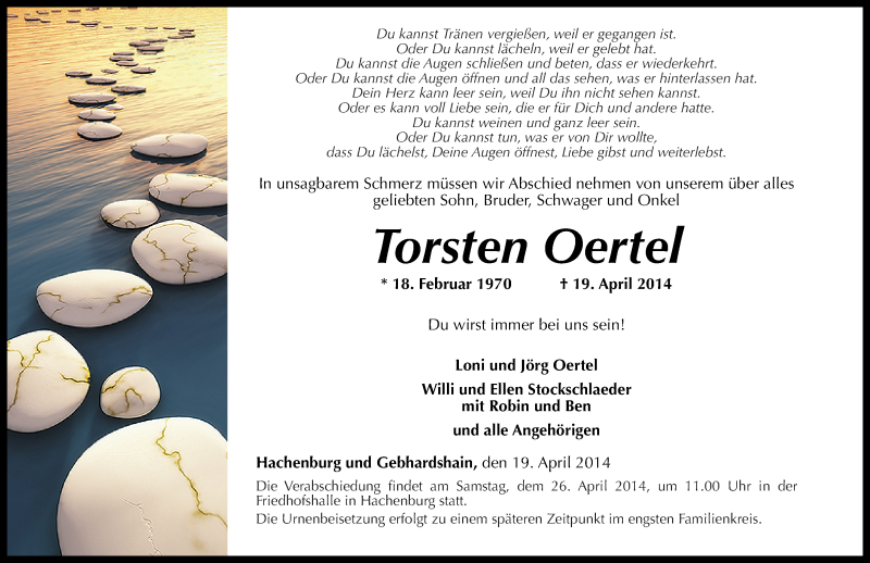  Traueranzeige für Torsten Oertel vom 24.04.2014 aus Rhein-Zeitung